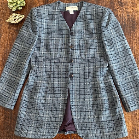 Jones New York | Vintage Gray Blue Plaid 100% Worsted Wool Skirt Suit Set - Picture 8 of 12